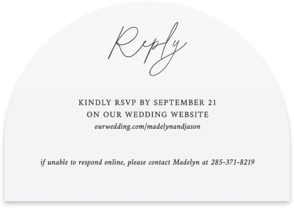 This is a 5" x 3½" Wedding Invitation RSVP Postcard called The Madelyn printed in full color with Rose Gold foil on Luxe Satin paper