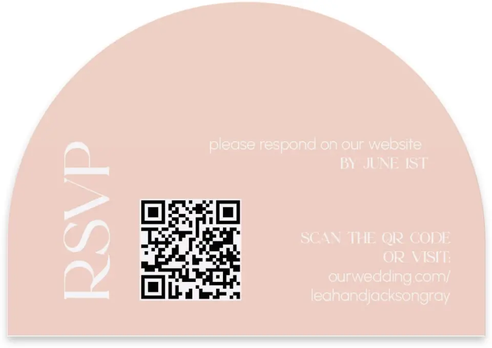 This is a 5" x 3½" Wedding Invitation RSVP Postcard called The Leah printed in full color with Rose Gold foil on Luxe Satin paper