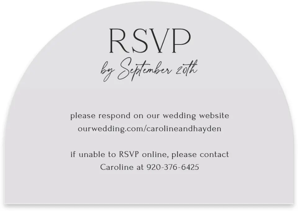 This is a 5" x 3½" Wedding Invitation RSVP Postcard called The Caroline printed in full color with Rose Gold foil on Luxe Satin paper