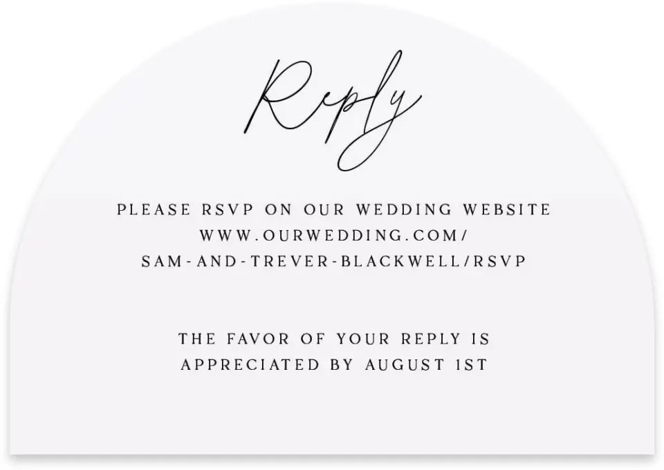 This is a 5" x 3½" Wedding Invitation RSVP Postcard called The Samantha printed in full color on Luxe Satin paper