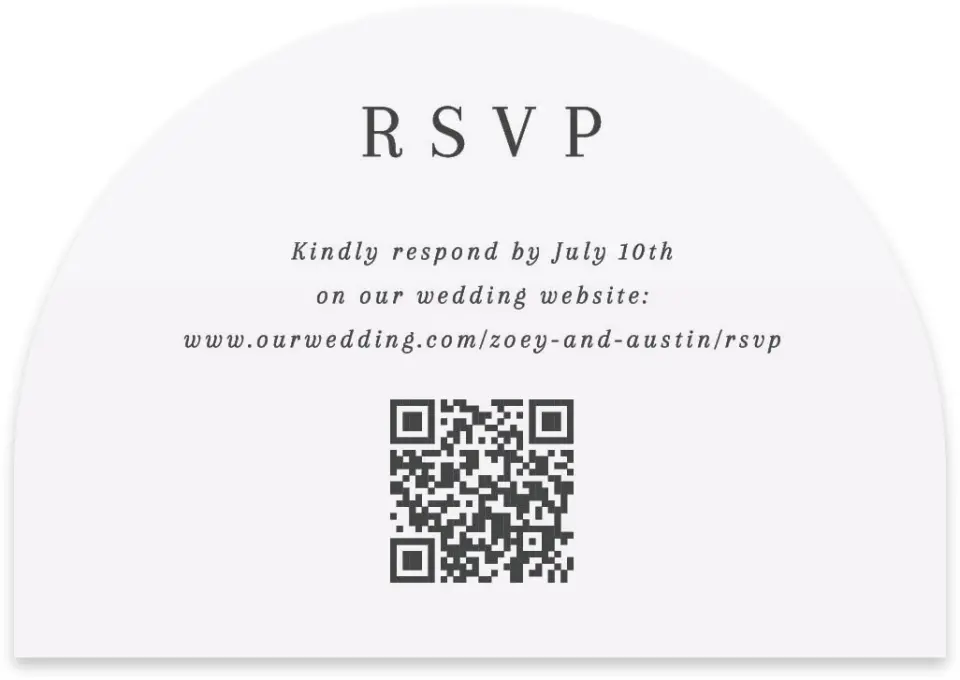 This is a 5" x 3½" Wedding Invitation RSVP Postcard called The Zoey printed in full color with Rose Gold foil on Luxe Satin paper