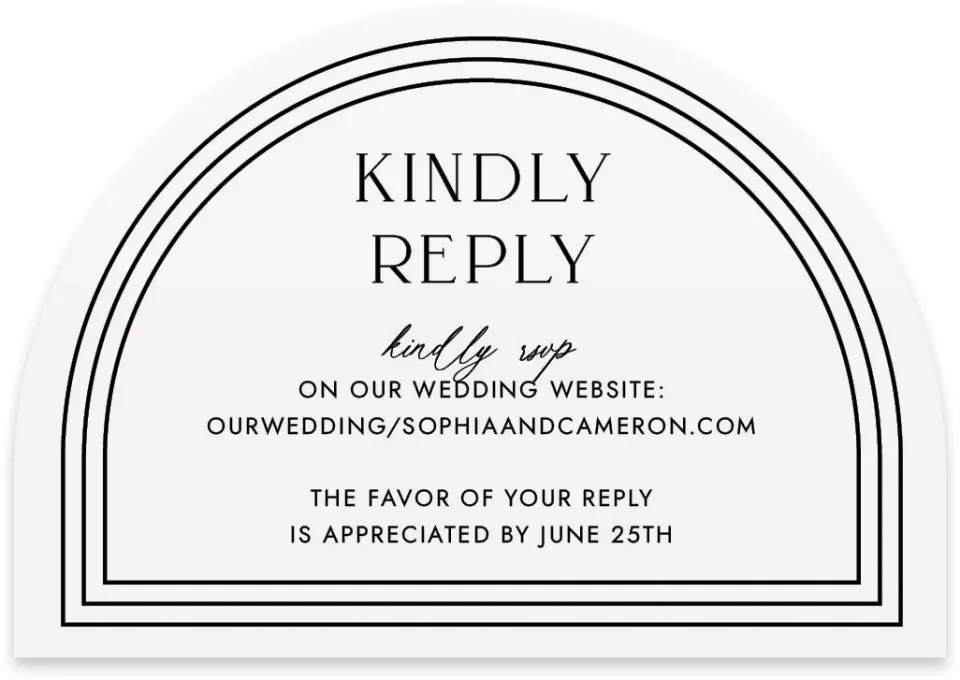 This is a 5" x 3½" Wedding Invitation RSVP Postcard called Passionate Arch printed in full color with Rose Gold foil on Luxe Satin paper