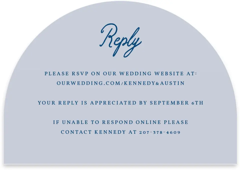 This is a 5" x 3½" Wedding Invitation RSVP Postcard called The Kennedy printed in full color on Luxe Satin paper