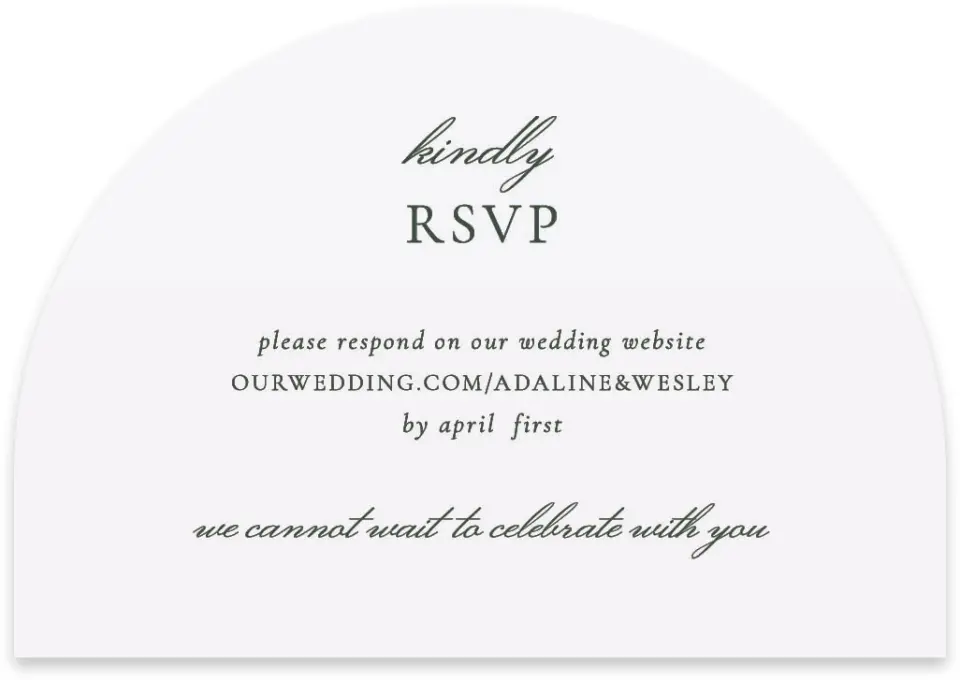 This is a 5" x 3½" Wedding Invitation RSVP Postcard called The Adaline printed in full color with Rose Gold foil on Luxe Satin paper