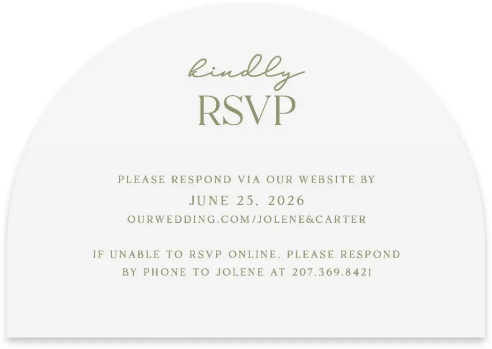 This is a 5" x 3½" Wedding Invitation RSVP Postcard called The Jolene printed in full color on Luxe Satin paper