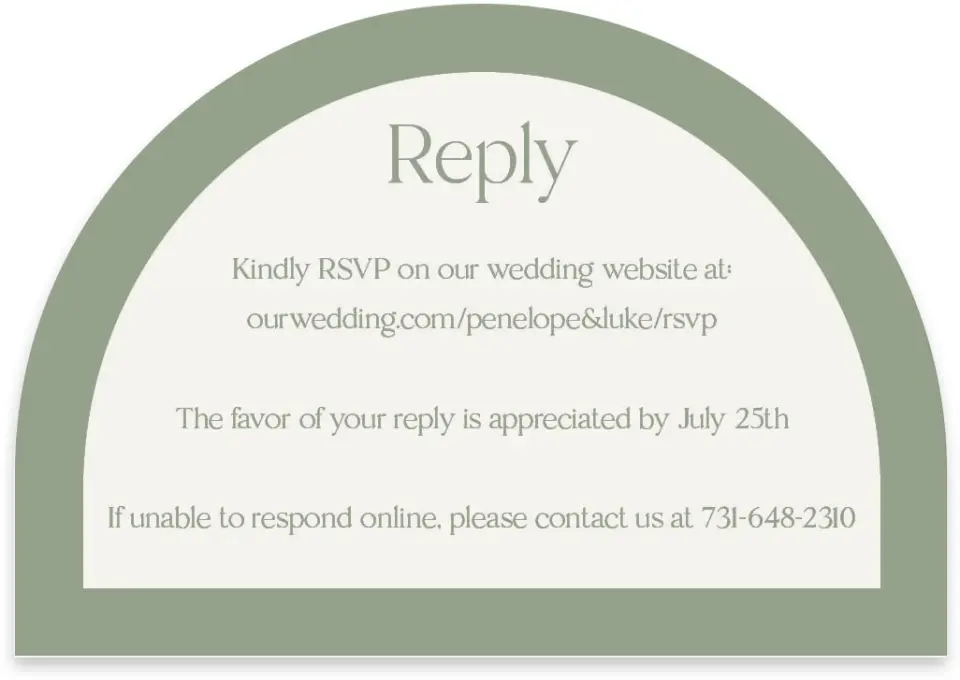 This is a 5" x 3½" Wedding Invitation RSVP Postcard called The Penelope printed in full color on Luxe Satin paper