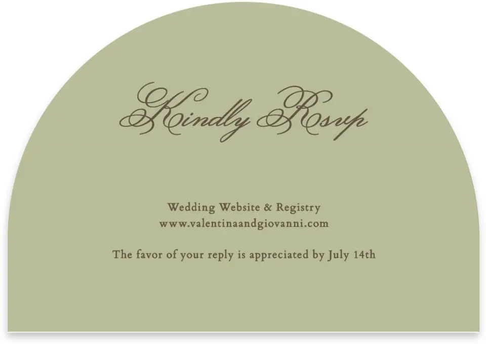 This is a 5" x 3½" Wedding Invitation RSVP Postcard called Holloway printed in full color on Luxe Satin paper