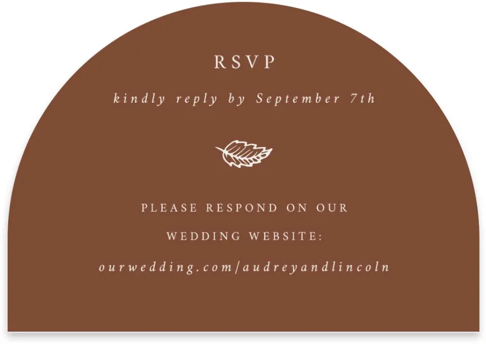 This is a 5" x 3½" Wedding Invitation RSVP Postcard called Autumn Vow printed in full color with Rose Gold foil on Luxe Satin paper