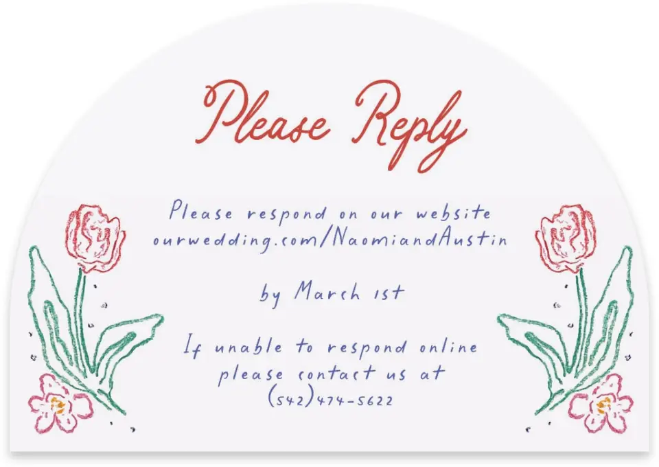This is a 5" x 3½" Wedding Invitation RSVP Postcard called Whimsy Love printed in full color with Rose Gold foil on Luxe Satin paper