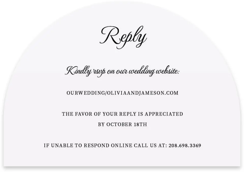 This is a 5" x 3½" Wedding Invitation RSVP Postcard called Scarsdale printed in full color on Luxe Satin paper
