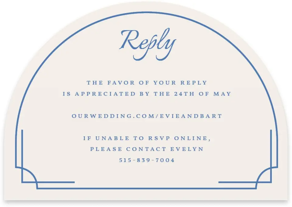 This is a 5" x 3½" Wedding Invitation RSVP Postcard called Cambridge printed in full color on Luxe Satin paper