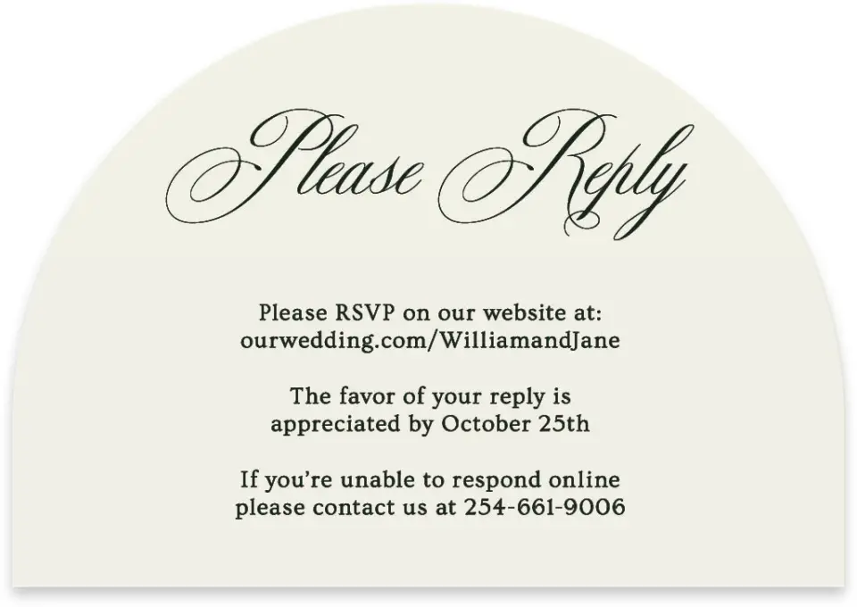 This is a 5" x 3½" Wedding Invitation RSVP Postcard called Hillsborough printed in full color with Rose Gold foil on Luxe Satin paper