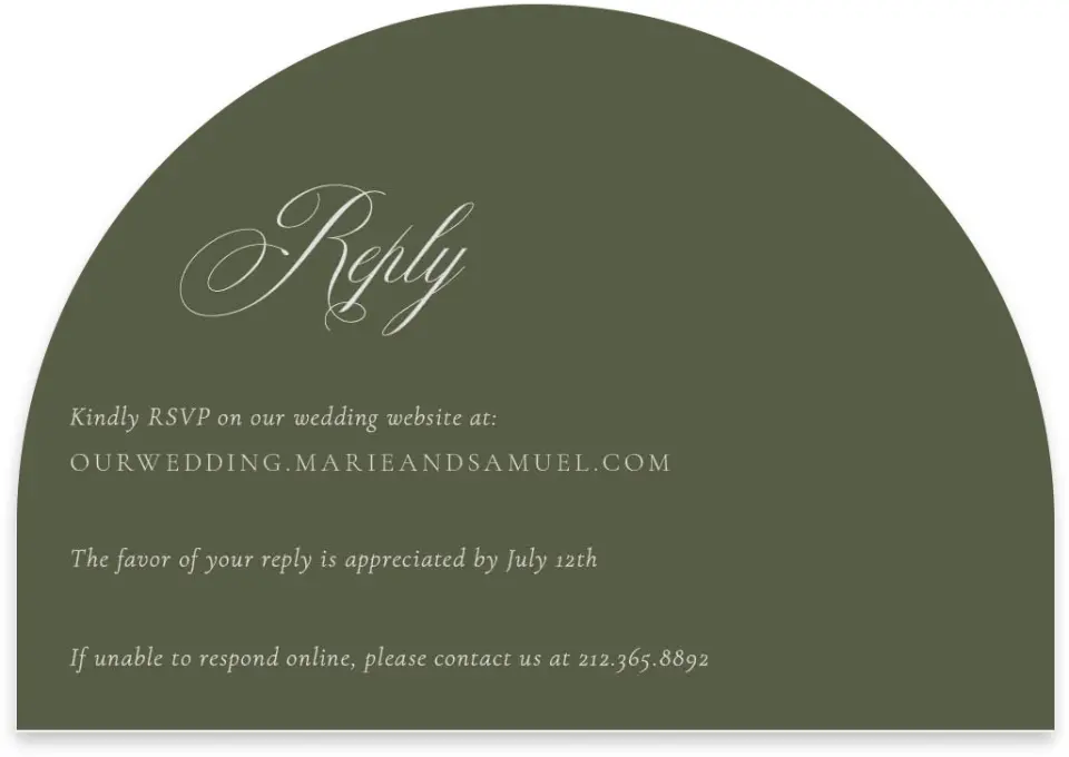 This is a 5" x 3½" Wedding Invitation RSVP Postcard called Foxfire printed in full color with Gold foil on Luxe Satin paper