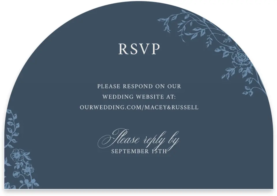 This is a 5" x 3½" Wedding Invitation RSVP Postcard called Vintage Reverie printed in full color with Rose Gold foil on Luxe Satin paper