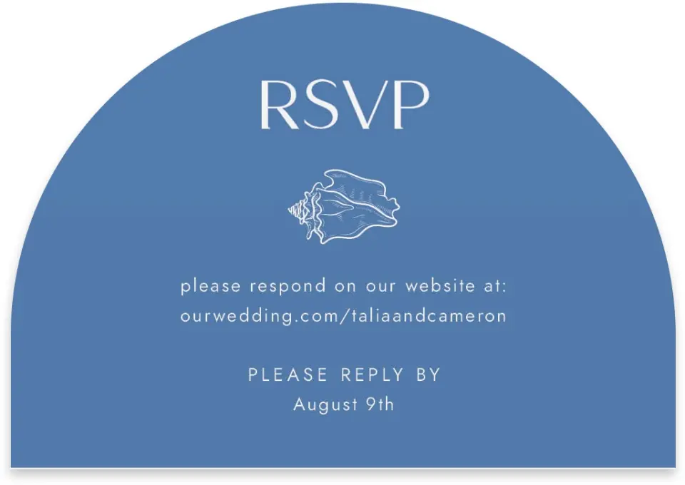This is a 5" x 3½" Wedding Invitation RSVP Postcard called Seaside Serenade printed in full color on Luxe Satin paper