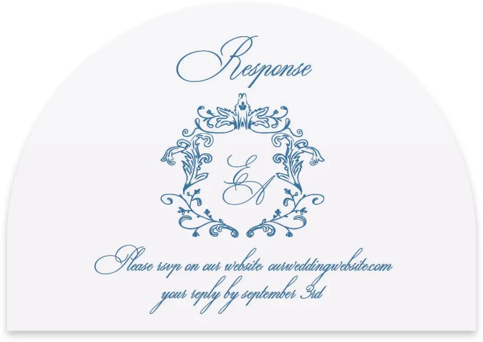 This is a 5" x 3½" Wedding Invitation RSVP Postcard called Blue Toile Romance printed in full color on Luxe Satin paper