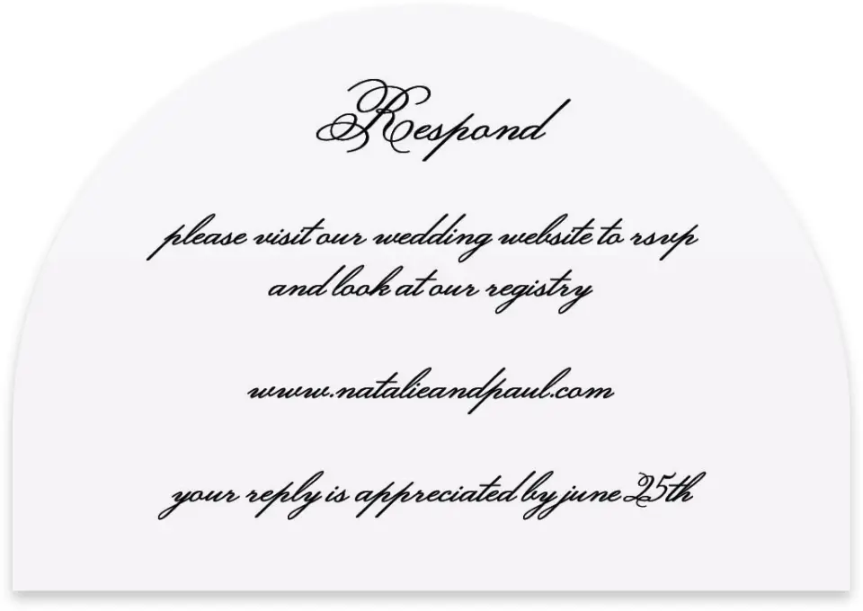 This is a 5" x 3½" Wedding Invitation RSVP Postcard called Formal Script printed in full color on Luxe Satin paper