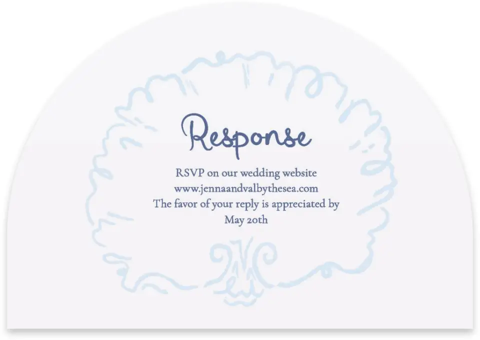 This is a 5" x 3½" Wedding Invitation RSVP Postcard called Love by the Sea printed in full color on Luxe Satin paper