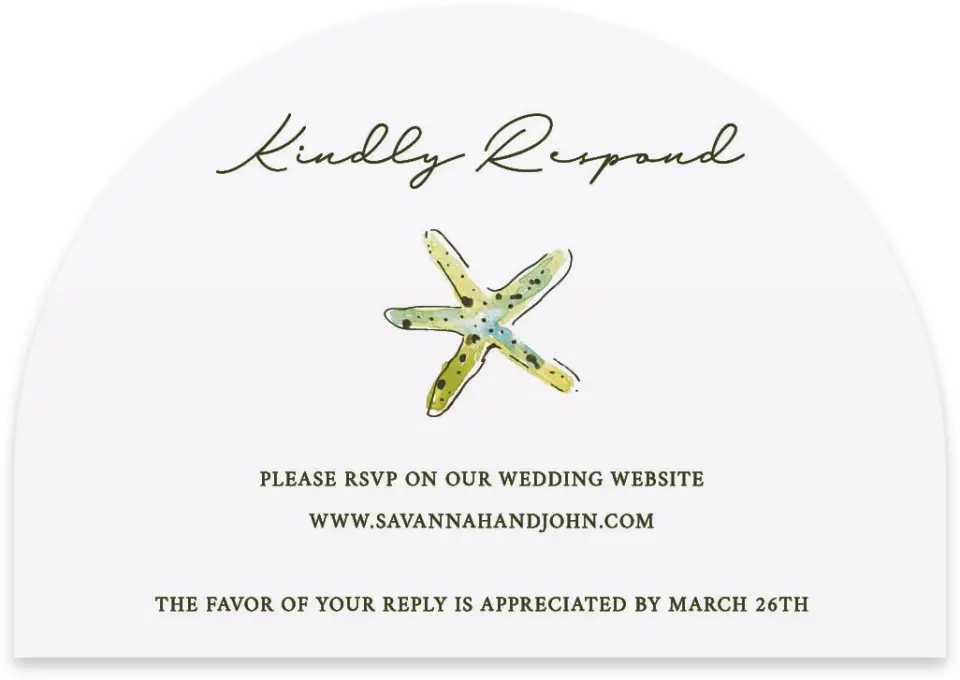 This is a 5" x 3½" Wedding Invitation RSVP Postcard called Whimsical Shells printed in full color on Luxe Satin paper