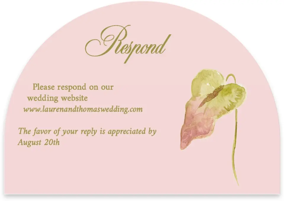 This is a 5" x 3½" Wedding Invitation RSVP Postcard called Paradise in Bloom printed in full color with Rose Gold foil on Luxe Satin paper