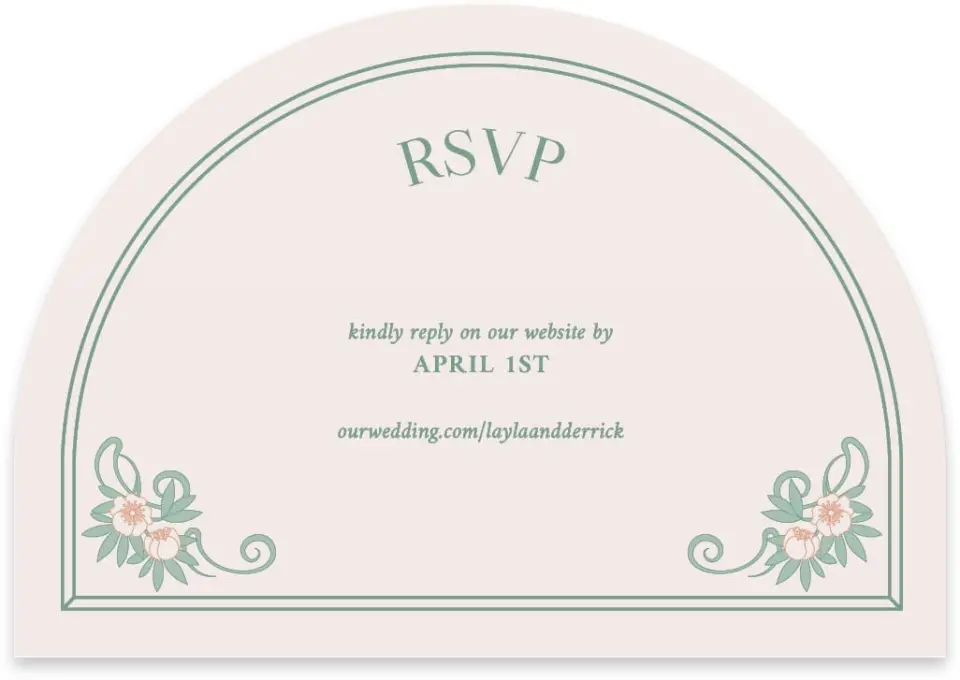 This is a 5" x 3½" Wedding Invitation RSVP Postcard called Vintage Dream printed in full color with Rose Gold foil on Luxe Satin paper