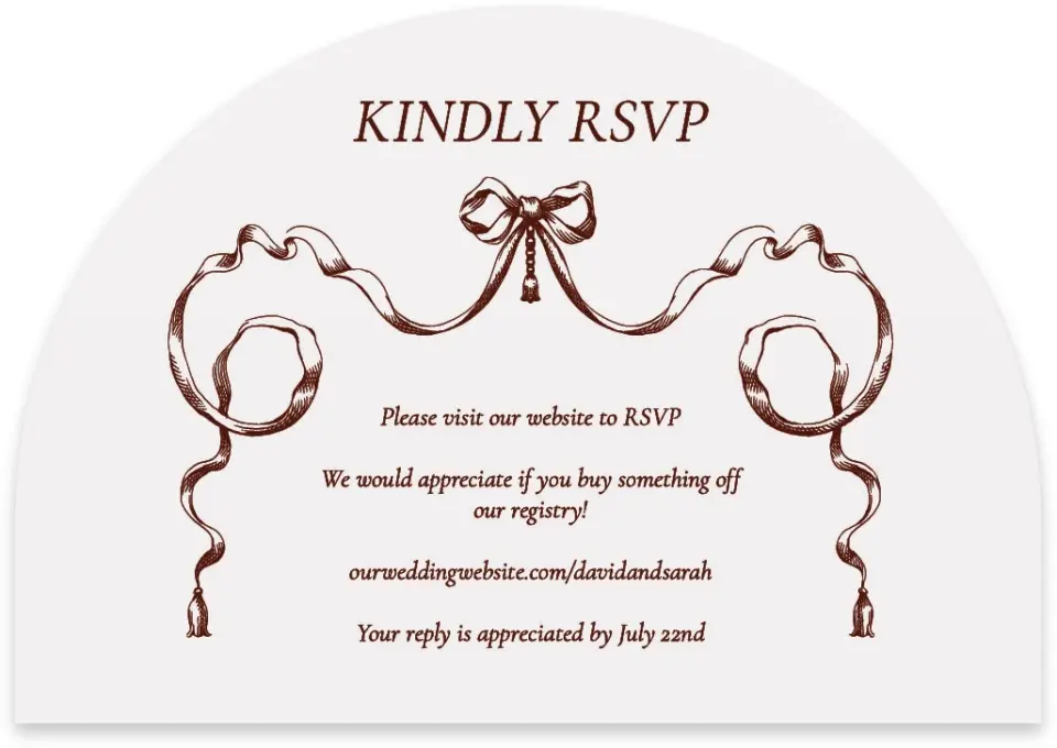 This is a 5" x 3½" Wedding Invitation RSVP Postcard called Trimmed Lace printed in full color with Rose Gold foil on Luxe Satin paper