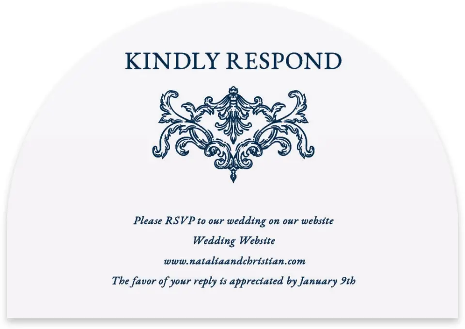 This is a 5" x 3½" Wedding Invitation RSVP Postcard called Heirloom Crest printed in full color with Rose Gold foil on Luxe Satin paper