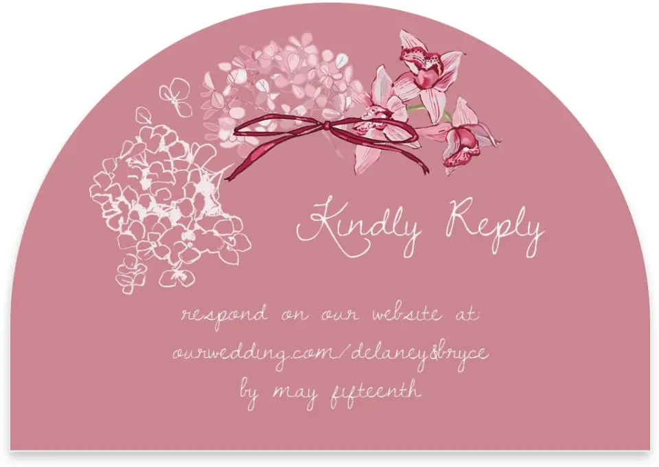 This is a 5" x 3½" Wedding Invitation RSVP Postcard called Blushing Whimsy printed in full color with Rose Gold foil on Luxe Satin paper