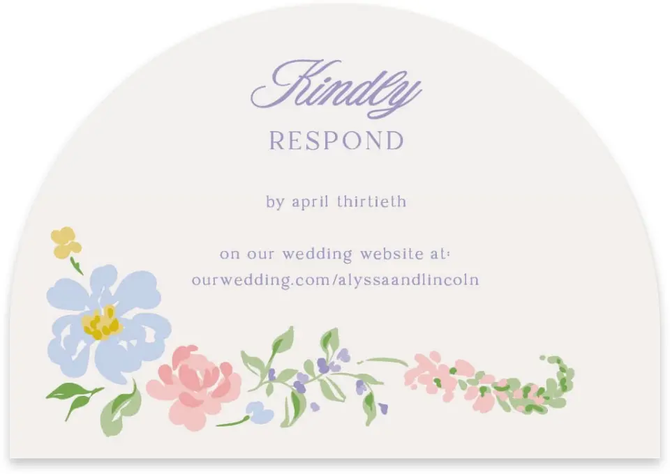 This is a 5" x 3½" Wedding Invitation RSVP Postcard called Gentle Garden printed in full color with Rose Gold foil on Luxe Satin paper