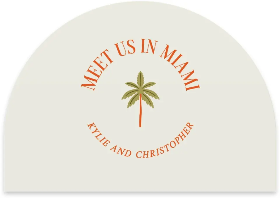 This is a 5" x 3½" Wedding Invitation RSVP Postcard called Tropical Treasure printed in full color with Rose Gold foil on Luxe Satin paper