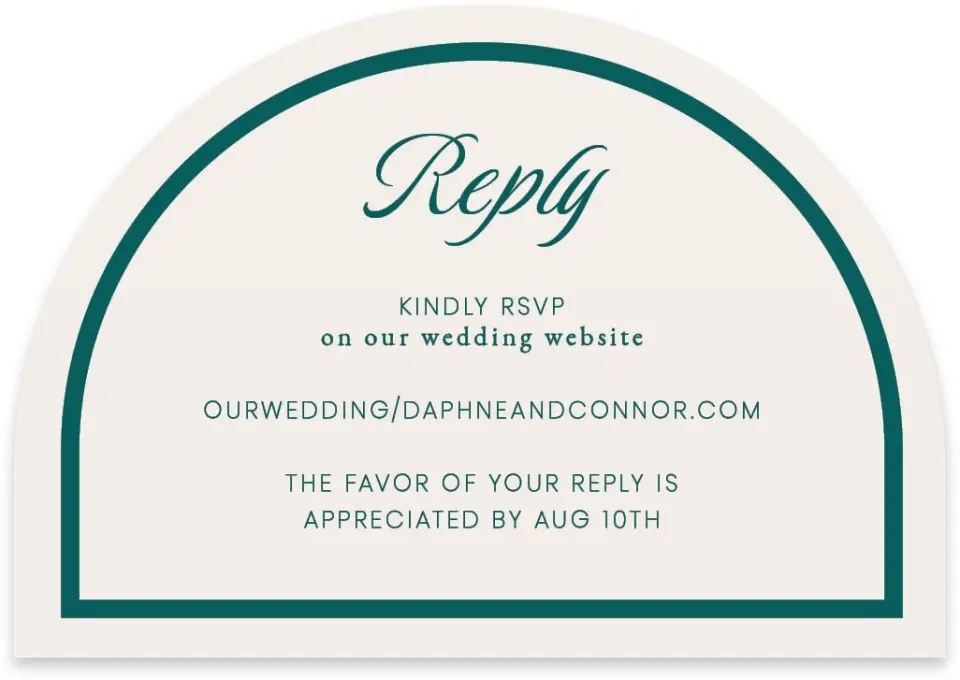 This is a 5" x 3½" Wedding Invitation RSVP Postcard called Faithful Frame printed in full color with Gold foil on Luxe Satin paper