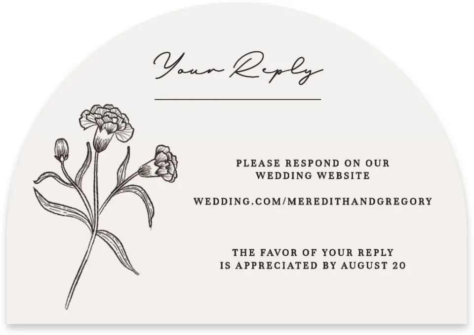This is a 5" x 3½" Wedding Invitation RSVP Postcard called Opulent Endearment printed in full color with Rose Gold foil on Luxe Satin paper