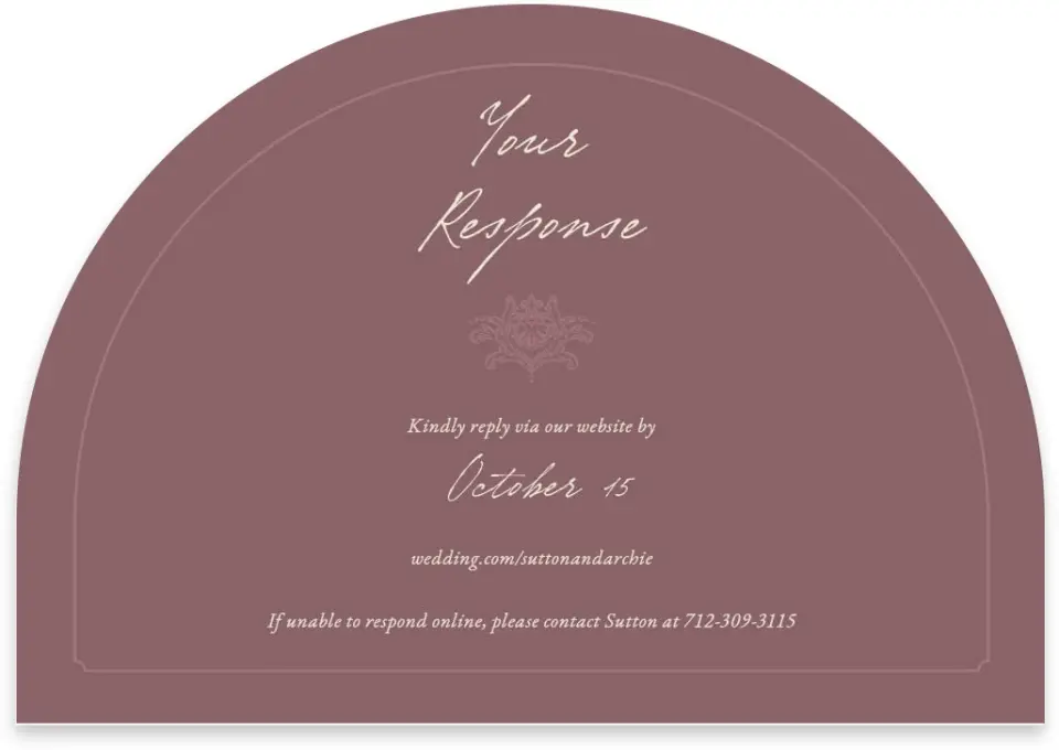 This is a 5" x 3½" Wedding Invitation RSVP Postcard called Victorian Aura printed in full color with Gold foil on Luxe Satin paper