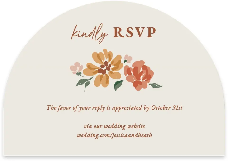 This is a 5" x 3½" Wedding Invitation RSVP Postcard called Plush Petals printed in full color with Rose Gold foil on Luxe Satin paper