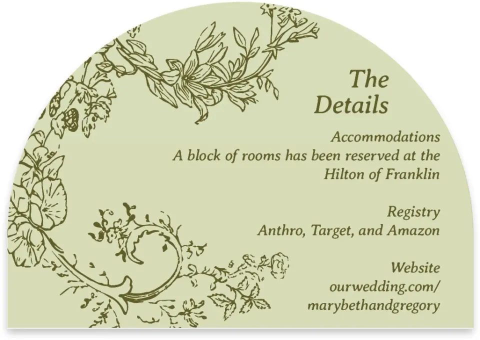 This is a 5" x 3½" Wedding Invitation RSVP Postcard called Vintage Chinoiserie printed in full color with Rose Gold foil on Luxe Satin paper