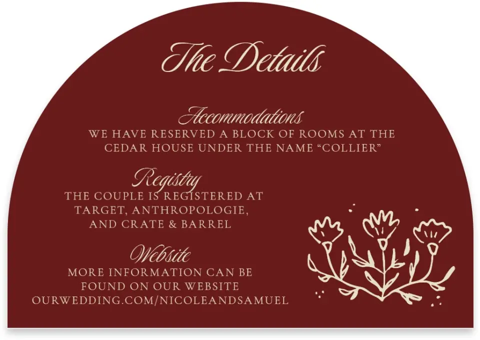 This is a 5" x 3½" Wedding Invitation RSVP Postcard called Bloom & Crest printed in full color with Gold foil on Luxe Satin paper