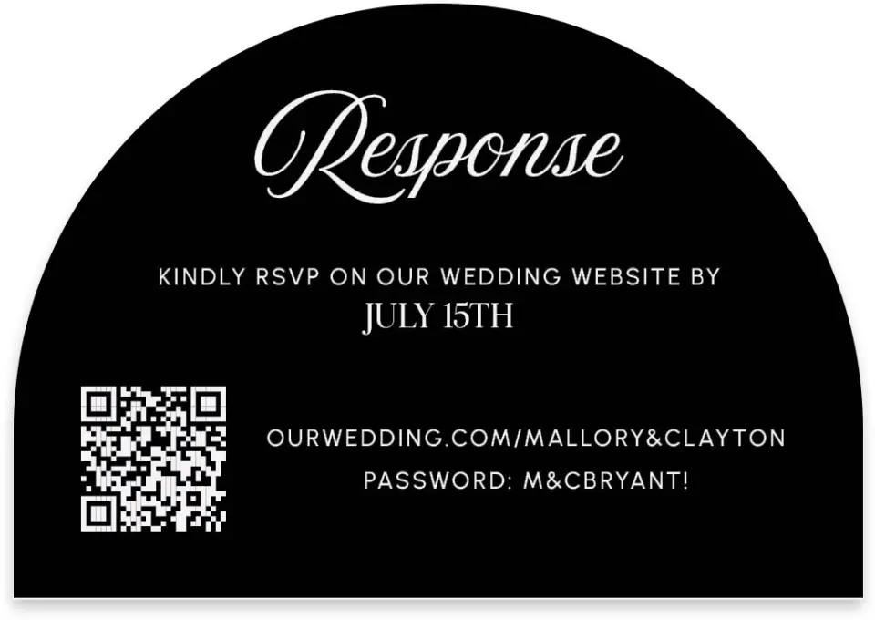 This is a 5" x 3½" Wedding Invitation RSVP Postcard called The Mallory printed in full color on Luxe Satin paper