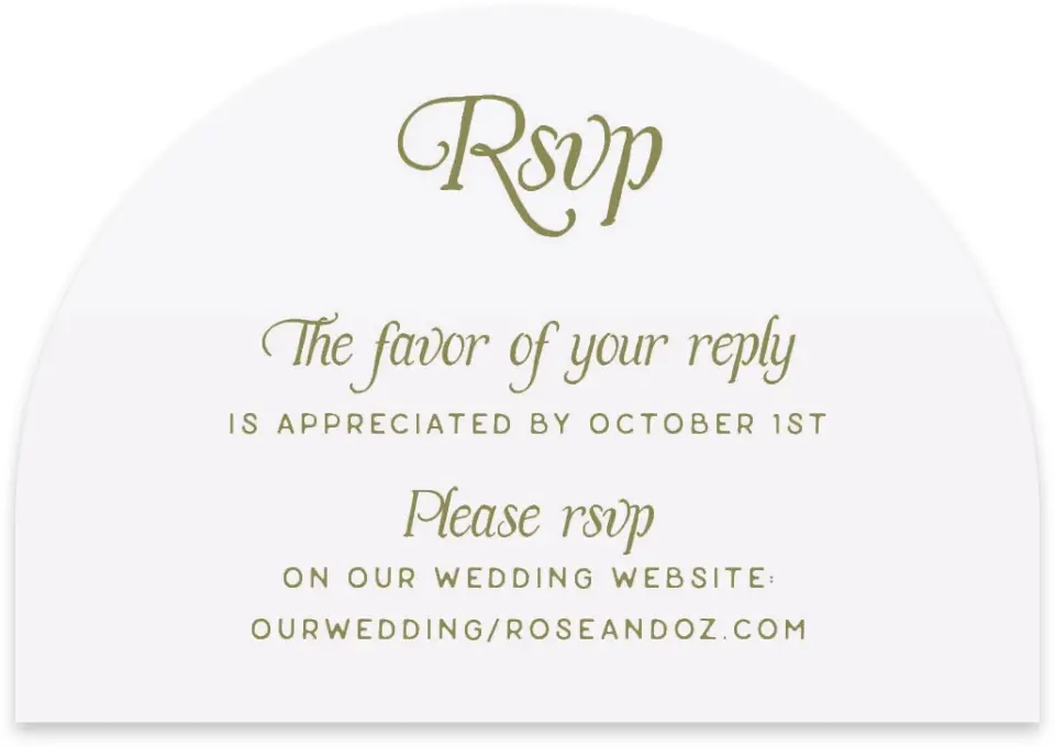 This is a 5" x 3½" Wedding Invitation RSVP Postcard called The Rosemary printed in full color with Rose Gold foil on Luxe Satin paper