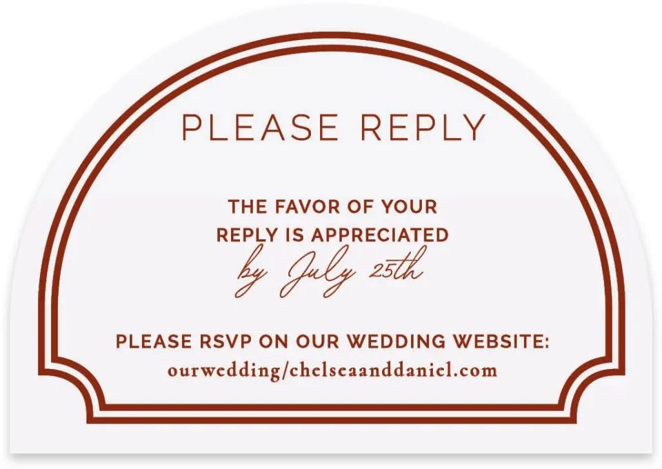 This is a 5" x 3½" Wedding Invitation RSVP Postcard called The Chelsea printed in full color with Rose Gold foil on Luxe Satin paper