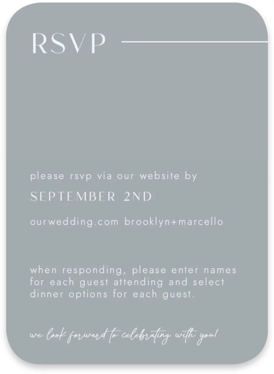 This is a 4½" x 3¼" Wedding Invitation RSVP Postcard called The Brooklyn printed in full color on Luxe Satin paper