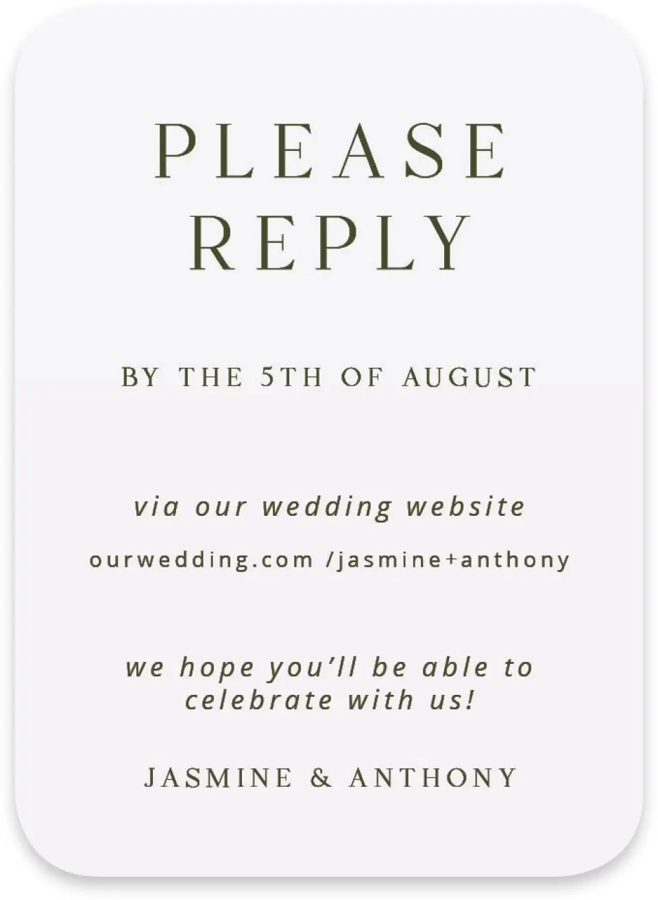 This is a 4½" x 3¼" Wedding Invitation RSVP Postcard called The Jasmine printed in full color with Silver foil on Luxe Satin paper