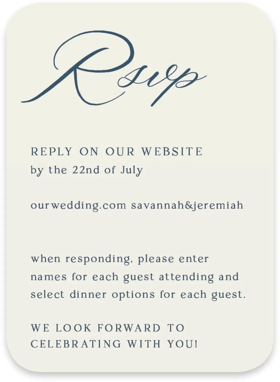 This is a 4½" x 3¼" Wedding Invitation RSVP Postcard called The Savannah printed in full color on Luxe Satin paper