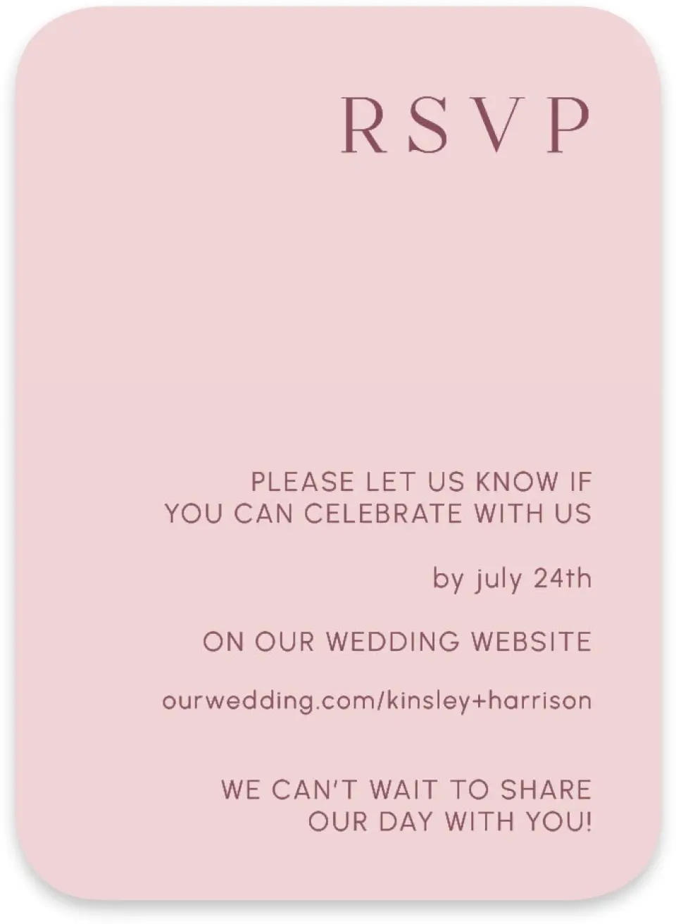 This is a 4½" x 3¼" Wedding Invitation RSVP Postcard called The Kinsley printed in full color on Luxe Satin paper