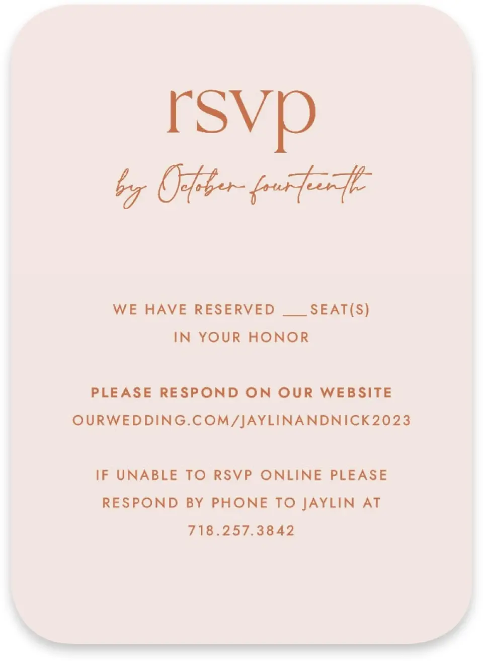 This is a 4½" x 3¼" Wedding Invitation RSVP Postcard called The Jaylin printed in full color on Luxe Satin paper