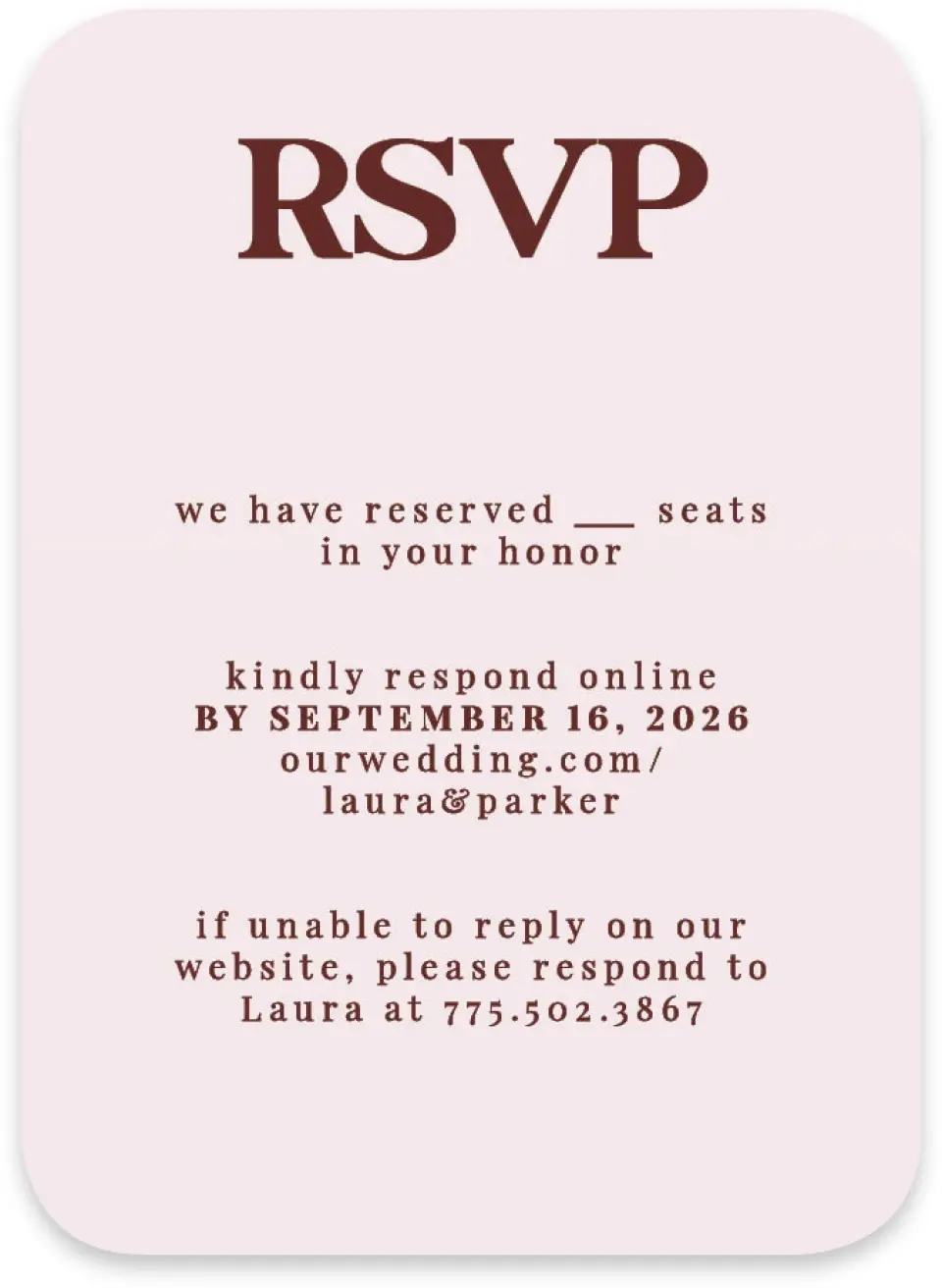This is a 4½" x 3¼" Wedding Invitation RSVP Postcard called The Laura printed in full color on Luxe Satin paper