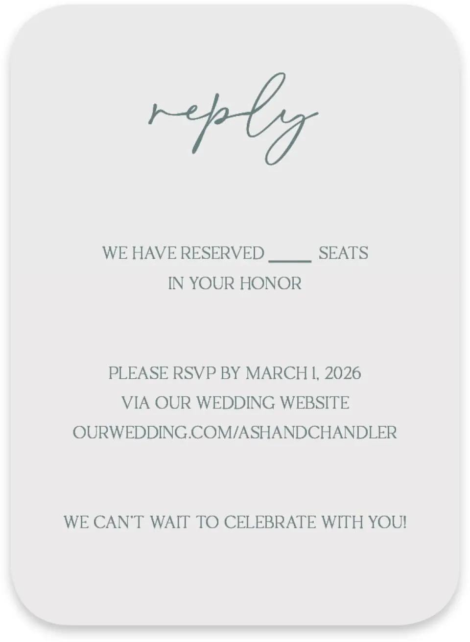 This is a 4½" x 3¼" Wedding Invitation RSVP Postcard called The Ashlynn printed in full color on Luxe Satin paper