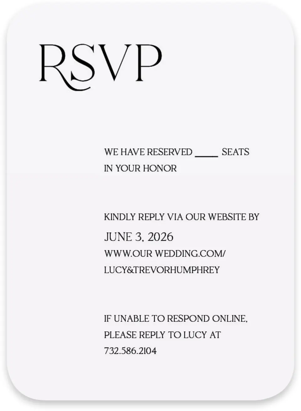 This is a 4½" x 3¼" Wedding Invitation RSVP Postcard called The Lucy printed in full color on Luxe Satin paper