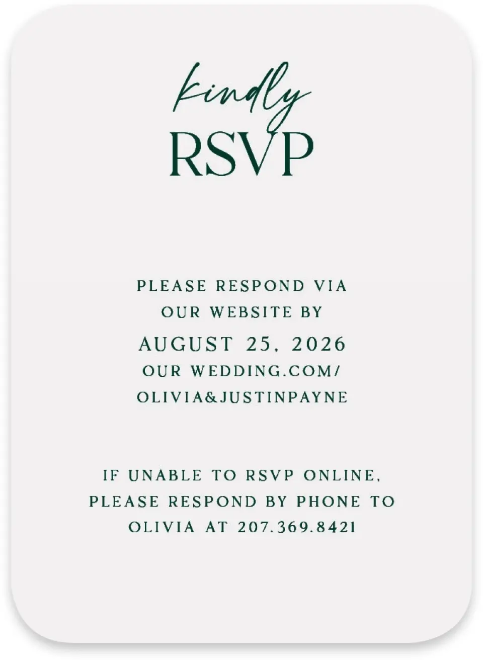 This is a 4½" x 3¼" Wedding Invitation RSVP Postcard called The Olivia printed in full color on Luxe Satin paper