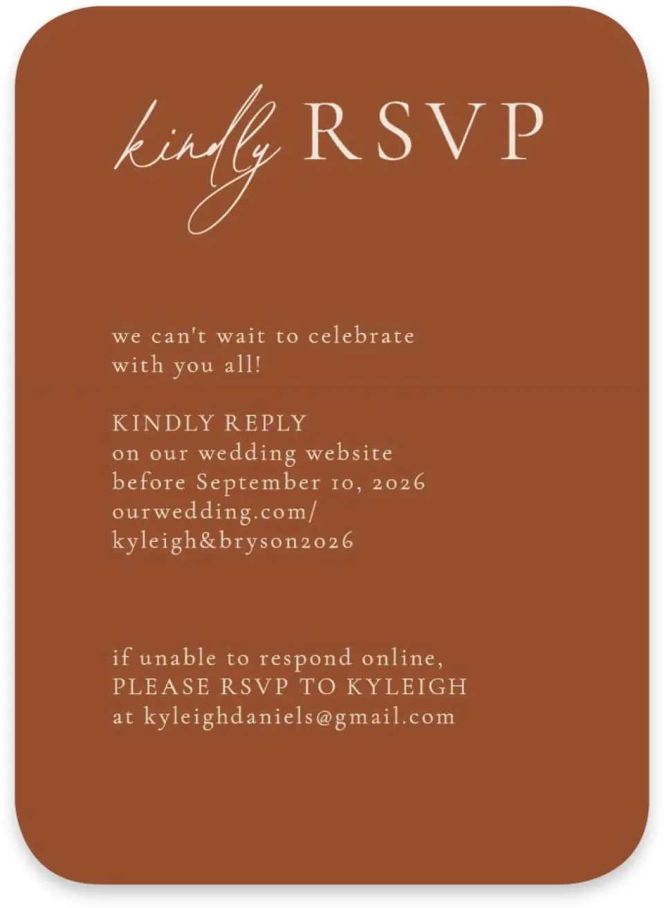 This is a 4½" x 3¼" Wedding Invitation RSVP Postcard called The Kyleigh printed in full color on Luxe Satin paper