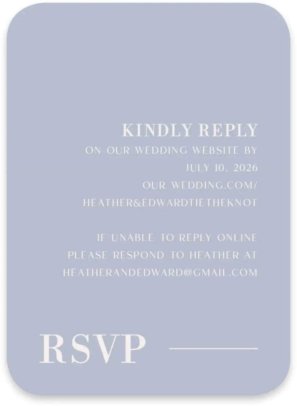 This is a 4½" x 3¼" Wedding Invitation RSVP Postcard called The Heather printed in full color on Luxe Satin paper